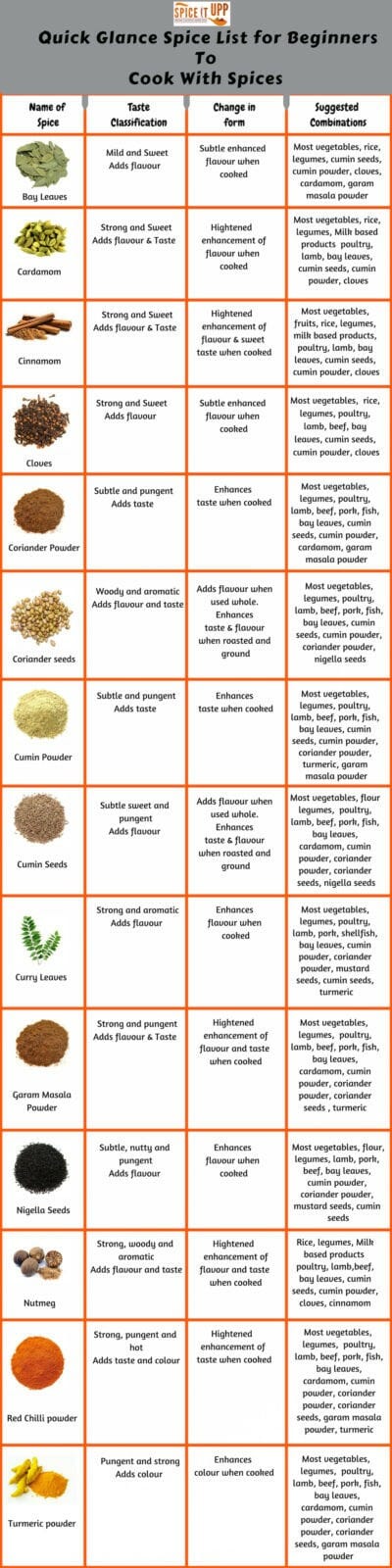 Spice infographic of List of spices for beginners for cooking with spices and their uses