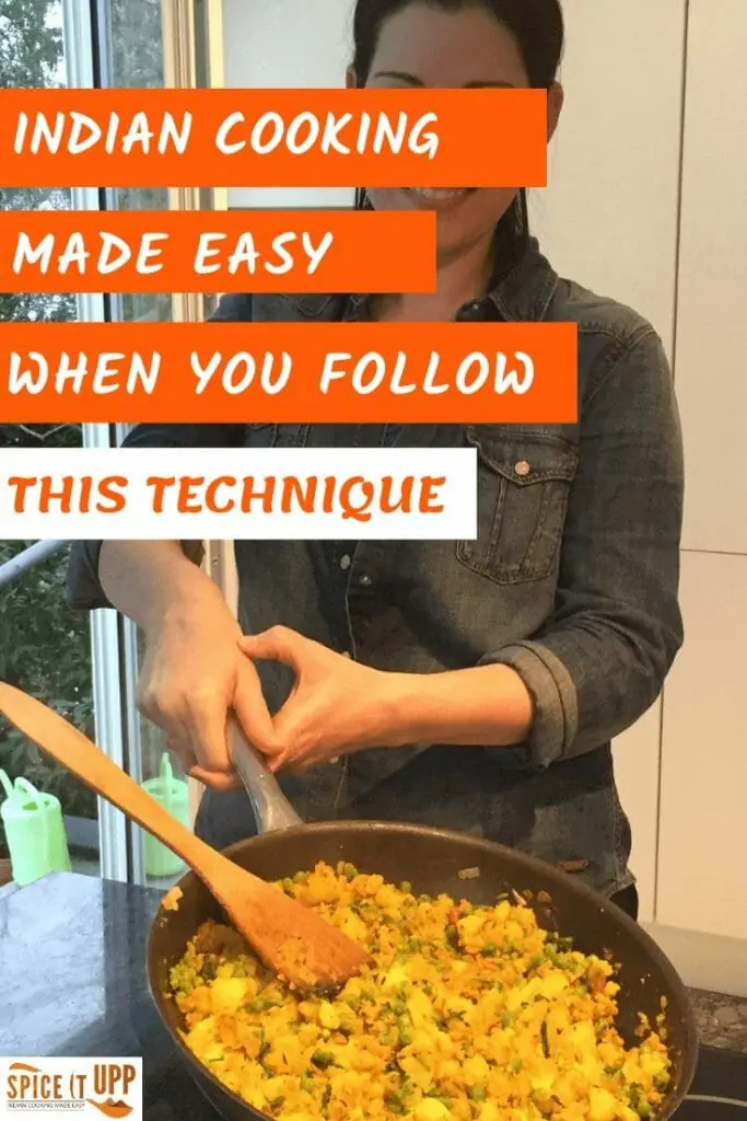 Indian cooking technique that makes indian cooking easy. pinterest image of lady holding pan