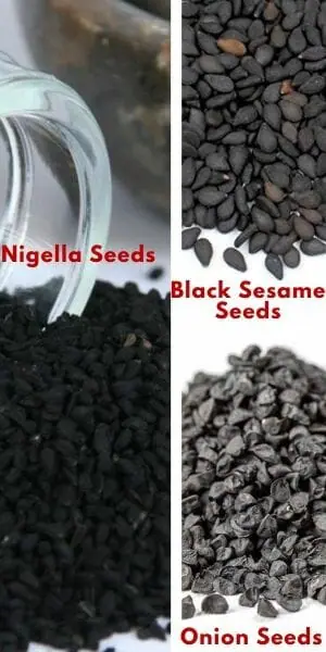 image highlighting the difference between  nigella seeds Vs Sesame Seeds Vs Onion Seeds 