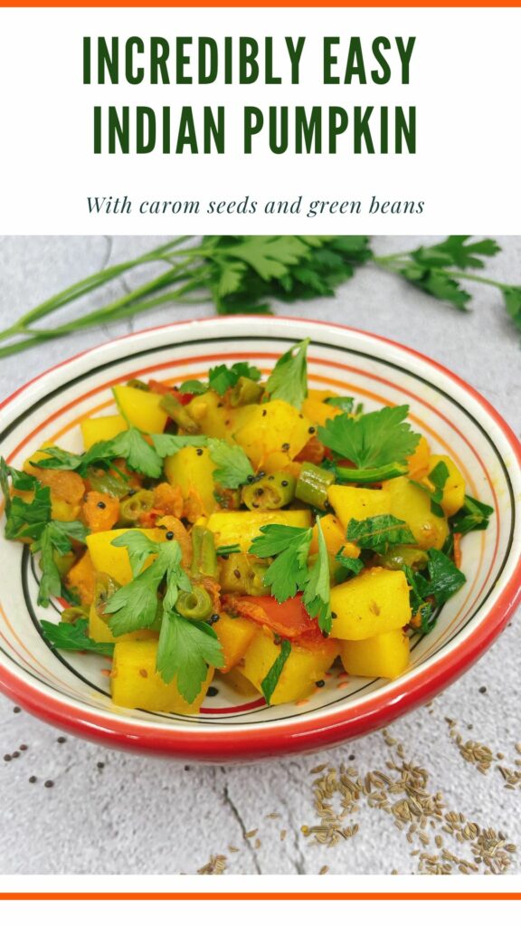 pinterest image of kaddu ki sabji or Indian  Pumpkin recipe