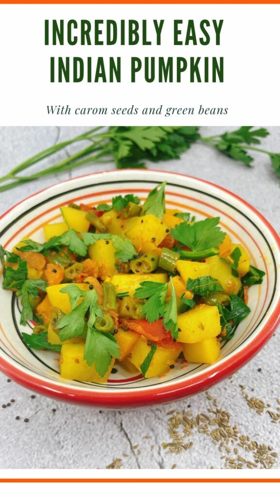 pinterest image of kaddu ki sabji or Indian  Pumpkin recipe